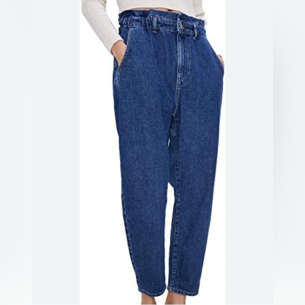 Zara Blue Paperbag Waist Cropped‎ Baggy Leg Jeans Size 12 Casual Boho Denim Cute